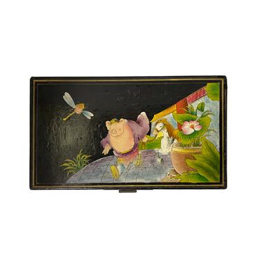 Rectangular Black Lacquer Box w Chinese Mythical Pig Deity Play Graphic ws1552E 
