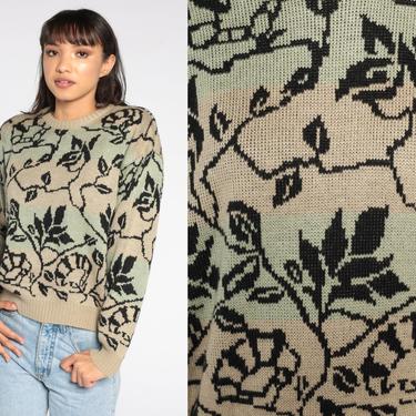 80s Sweater Floral Sweater Brown Green Vine Sweater Slouchy Sweater 1980s Pullover Vintage Black Retro Crewneck Medium 
