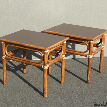 Vintage McGuire Mid Century Modern Bamboo Rattan End Tables w Leather Bindings 