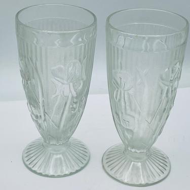 Vintage PAIR  Jeanette Glass Iris & Herringbone Clear Depression Glass Vase GOBLETS 6&quot;- 
