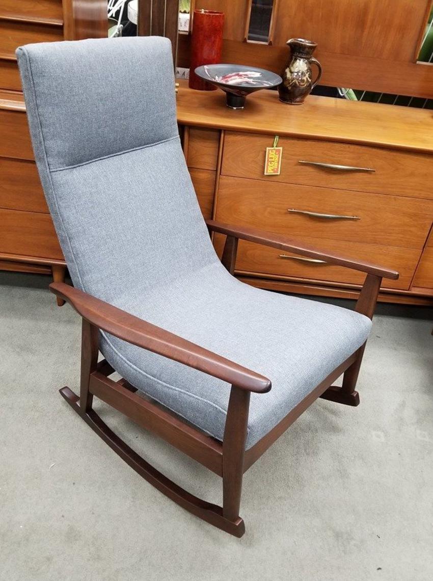 Danish Modern walnut frame rocking chair with new upholstery Peg Leg