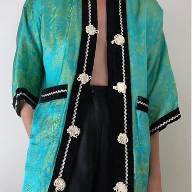 vintage turquoise  embroidered cheongsam style jacket size small 
