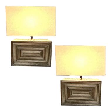 Modernist Stacked Stick Rattan Vertical Brick Lamp Pair, w/ Shades 