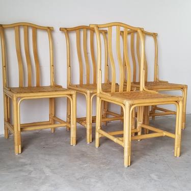 Vintage Chinese Style Coastal Bamboo Dining Chairs With Removable Cushions - Set of 4 