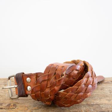 VINTAGE BRAIDED LEATHER BELT - BROWN WITH SILVER BUCKLE - M