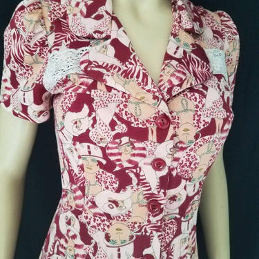 Vintage 70s Novelty Print Mini Dress or  Long Shirt FREE Shipping US Only 