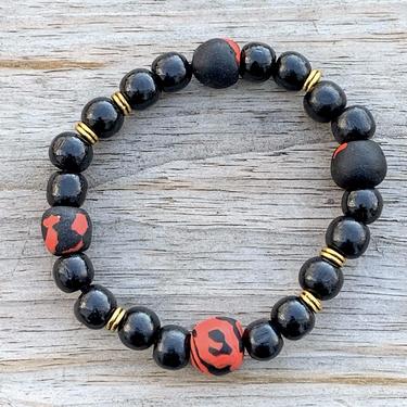 Unisex Bracelet or Anklet- Red & Black Ghana Glass w\/ Gold