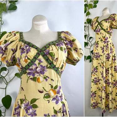 SHE'S SWEET Vintage 40s Cottagecore Dress, 1940s Apple Blossom Print Cotton Summer Dress, Puffy Sleeves &amp; Sweetheart Neckline | Size X Small 