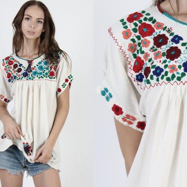 Vintage Ivory Mexican Blouse / Floral Hand Embroidered A Line Top / Heavily Embroidered Cotton Tunic / Womens Cream Fiesta Shirt 