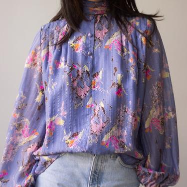 1980s Lilac Painterly Print Silk Blouse 