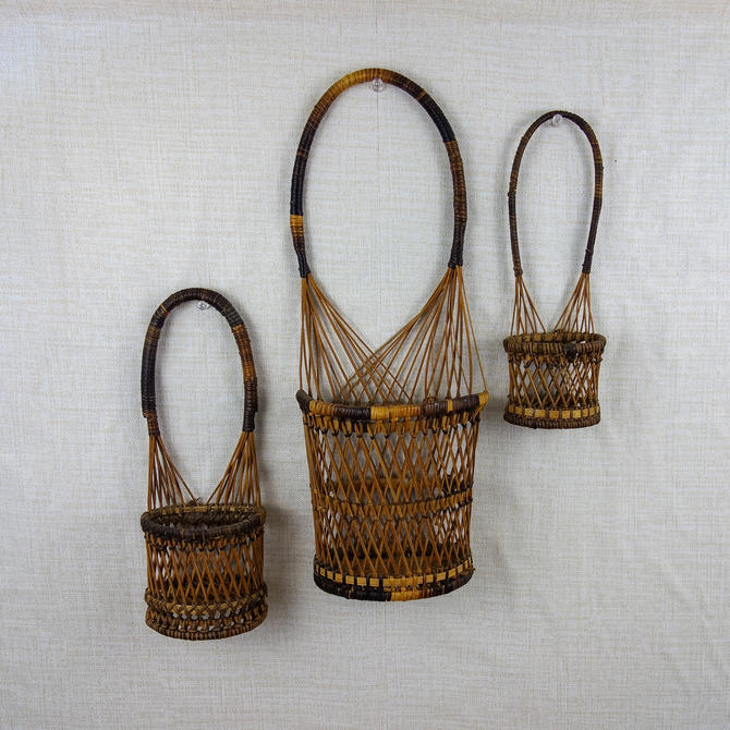 Set Of Three Nesting Baskets With Handles 9 Quot 15 Quot Tall Woven Rattan Table Top Or Wall Basket Wicker Wall Hanging By Forestfathers From Forest Fathers Of Portand Or Attic