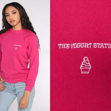 The Yogurt Station Sweatshirt 80s Sweatshirt Slogan Hot Pink Graphic Raglan Sleeve Crewneck 1980s Vintage Pullover Jumper Extra Small XS 