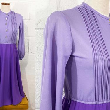 Vintage Two Toned Purple Dress 70s 1970s Midi Long Sleeve Blousy Peasant Sleeves Violet Lavender Party Cocktail Large Medium 