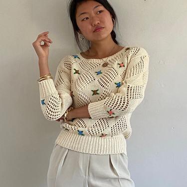 70s sheer hand embroidered sweater / vintage ivory pointelle open knit hand embroidery rose bud floral linen cotton sweater | S M 
