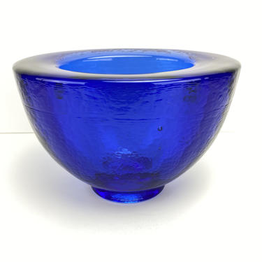 Fire & Light Recycled Art Glass Vase Bowl Cobalt Blue Oblong Footed Signed 