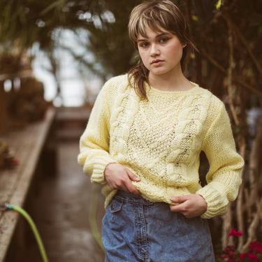 Vintage Yellow Sweater, Pastel Yellow Fisherman Sweater, 70s Chunky Sweater, Cable Knit, 1970s top, Long Sleeve Shirt, Spring Sweater 