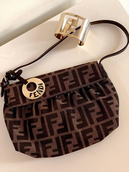 Vintage 1980s Fendi Zucca Monogram Shoulder Bag Purse Slant Top Authentic