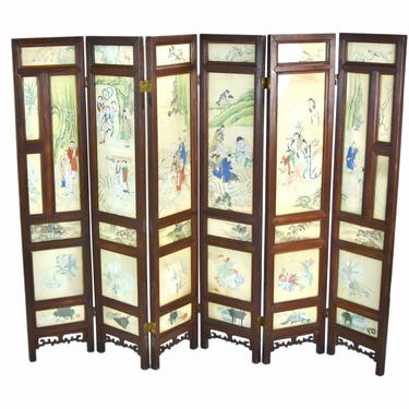 Antique 19th Century Chinese Teak Folding Screen Hand Painted Panels 