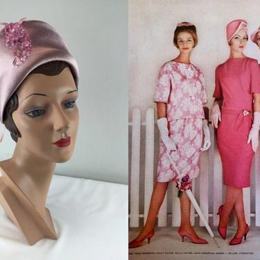 The Girls Were Back With Attitude - Vintage 1960s Pink Satin Turban Cloche Beehive Dome Hat w/Pink Dangle 