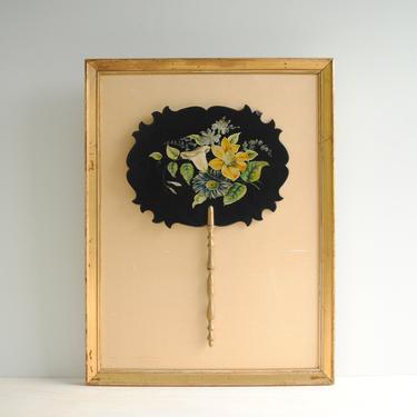 Vintage Hand Painted Floral Fan Mounted and Framed, Wood Paddle Fan in Frame 