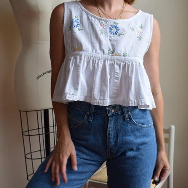 Reworked 1940s Fabric Blouse | Hand Embroidered and Hand Sewn | We, Mcgee Made-Ruffled Picnic Top | Embroidered Scattered Floral | S/M 