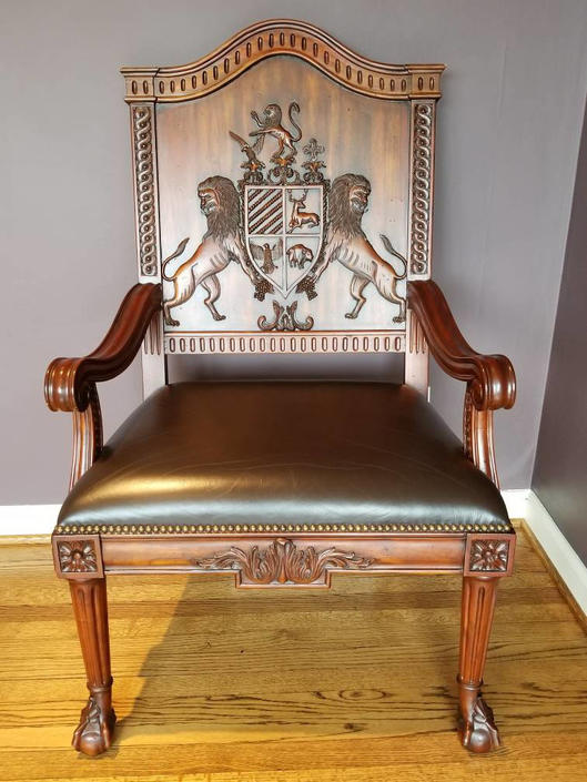 Designer Maitland Smith Hand Carved Crest Wood Chair With Leather