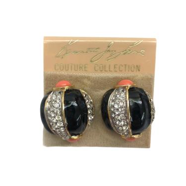 Vintage VTG Kenneth Jay Lane Couture Black Enamel Rhinestone Large Clip on Earrings 