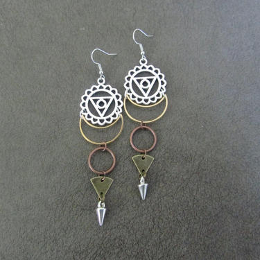 Long geometric earrings, Large bold statement earrings, unique modern earrings, ethnic earrings, mixed metal earrings, exotic hippie 4 