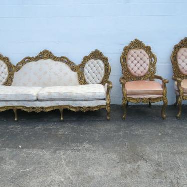 French Heavy Carved Painted Antique Gold Long Sofa Couch and Pair of Chairs 2455