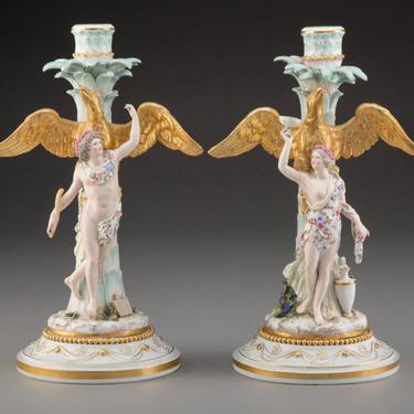 Pair of Antique Meissen German Rococo Polychrome Gilt Porcelain Hebe & Ganymede Figural Candlesticks, 19th Century 