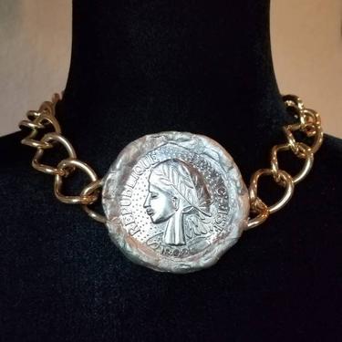 Gold choker and silver coin with sculptured art handmade and redesigned by Amanda Alarcon-Hunter for Minx and Onyx Vintage 