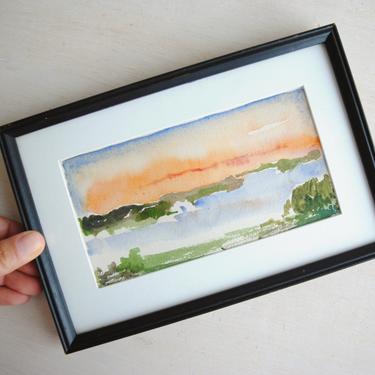 Vintage Small Landscape Watercolor Painting of an Ocean or Lake at Sunrise, 9&amp;quot; x 6&amp;quot; Signed Landscape Painting in a Black Frame 