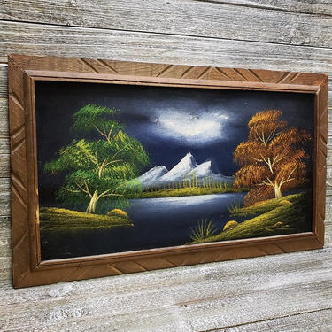 Offers Early 19th Century Black Velvet Waterfall Landscape Oil Painting, Hand Carved Fr