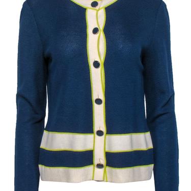 St. John - Navy Knit Button-Up Cardigan w/ Cream &amp; Neon Green Trim Sz M