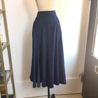 Vintage 80's Flattering DENIM Prairie Skirt / 8 Gore + Drop Waist / POCKETS / 1849 Authentic Ranch Wear 