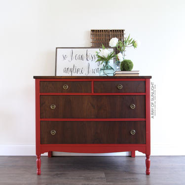 Red Dresser - Vintage Dresser, Two Tone Dresser, Painted Furniture, Refinished Dresser, Antique Furniture, Farmhouse Decor, Rustic Dresser 