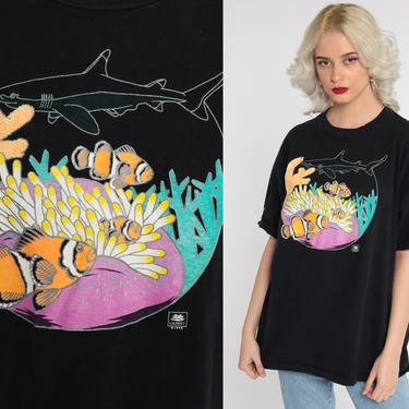 Shark Shirt Graphic Tshirt 90s Fish Shirt Under The Sea Tshirt Hot Pink Shirt 1990s Ocean Vintage Black Coral Large xl l 