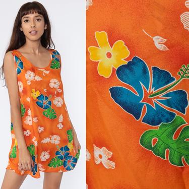 Orange Hawaiian Dress Floral Dress Tropical Mini 90s Tank Dress Sundress 1990s Vintage Sleeveless Summer Shift Small 