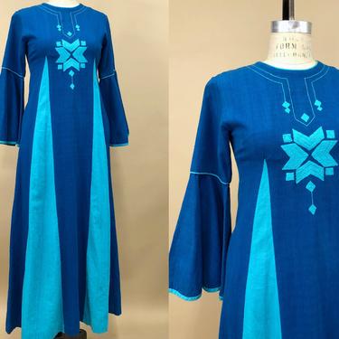 Vintage 1970s Blue Multi Color Josefa Caftan, 70s Embroidered Josefa Diseños, Vibrant Blue Mexican Maxi Dress, Folk Boho, Size X-Small by Mo