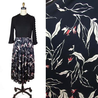 1940s Dress ~ Rare Hummingbird Rayon Floral on Black Rayon Dress with Buttons Down Sleeve 