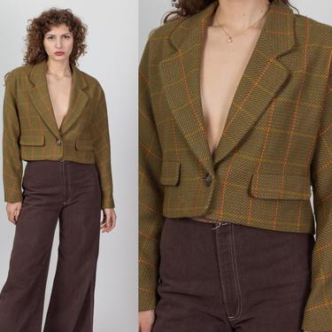 80s Olive Plaid Cropped Blazer Jacket - Small | Vintage Oversized Notch Collared Long Sleeve Button Up Crop Top 