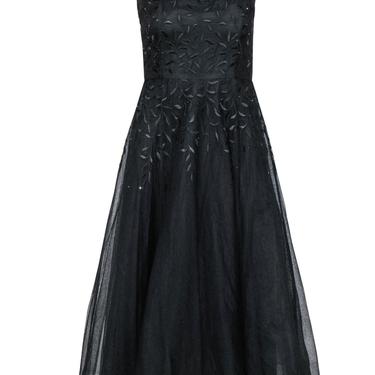 ABS Evening - Black Sleeveless Tulle A-Line Dress w/ Floral Embroidery &amp; Rhinestones Sz 4