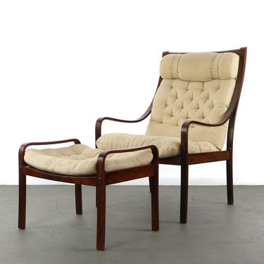 Bentwood Lounge Chair w/ Ottoman by Fredrik Kayser for Vatne in Rosewood and Original Fabric made in Denmark 