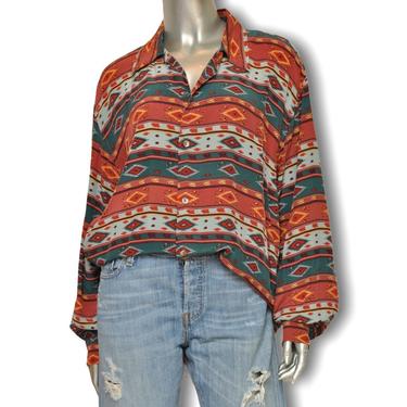 Vintage Silk Tribal Print Blouse Size XL Santa Fe Print Tuckable Blouse 