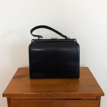 Structured Black Purse/Handbag with Goldtoned Hardware - 1960s 