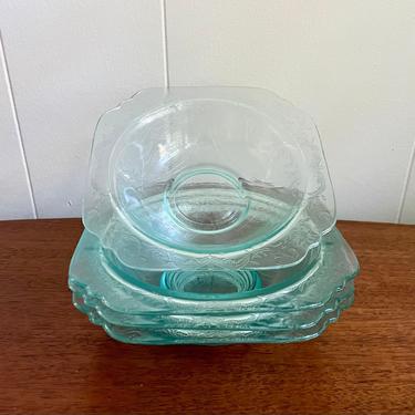 Set of 4- Vintage Hazel Atlas Madrid Depression Glass Aqua Blue Floral Bowl, Clear Blue with Floral Design 