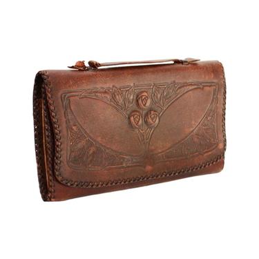 1920s Tooled Leather Wallet - 1920s Tooled Leather Clutch - Antique Leather Wallet - 20s Leather Purse - 1920s Rose Purse - 20s Leather Bag 