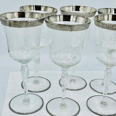 Vintage Set of 6 Tiffin Rambler Rose rare Silver Platinum Wine Stems Etched Pattern 