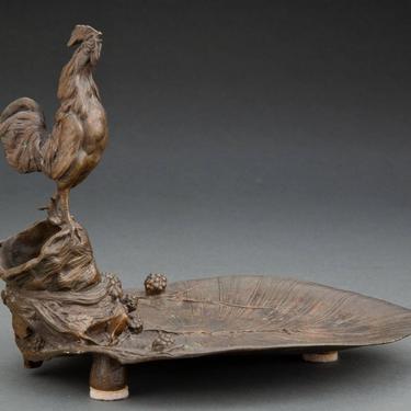 Auguste Nicolas Cain, Signed, 19th Century, Bronze Sculpture, Leaf Form Dish Tazza With Rooster and Wildberries, Animalier Sculptor 