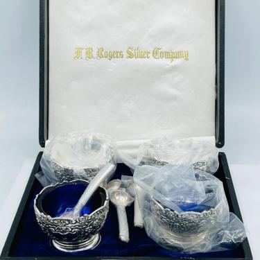 Vintage (4) PC F.B. Rogers Silver Co. Silver Plate bowls set Cobalt Blue Glass Inserts- Unused Condition 